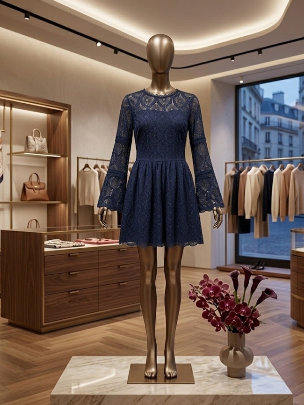 Xhilaration Navy Lace Mini Dress with Bell Sleeves Size M